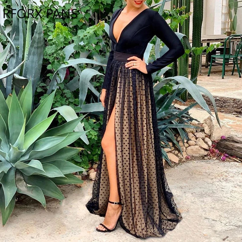 Deep V Dot Mesh Maxi Party Black Dress