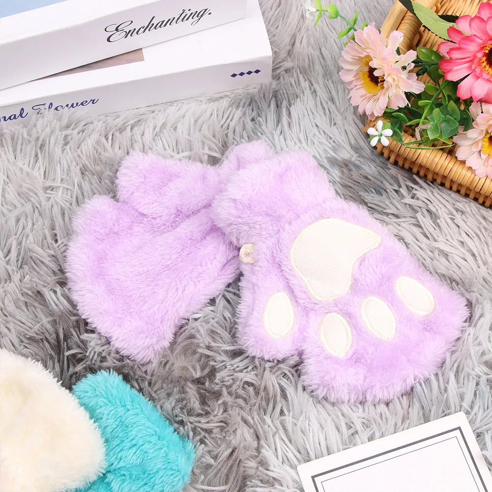 Cute Children Winter Gloves Warm Plush Fluffy Mittens Cat Paw Short Fingerless Gloves Girls Warm Half Finger Gloves