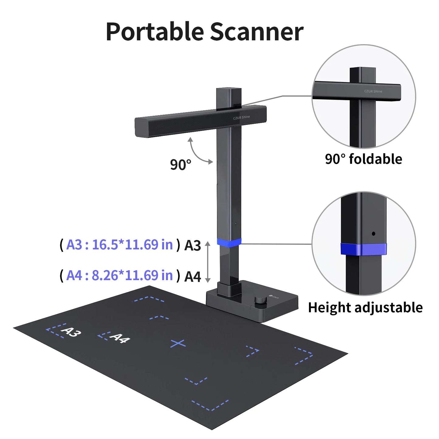 CZUR Shine Ultra Pro Book Scanner, 24MP Document Scanner, Portable USB Document Camera, Scan Max A3 Format w/ Adjustable Height