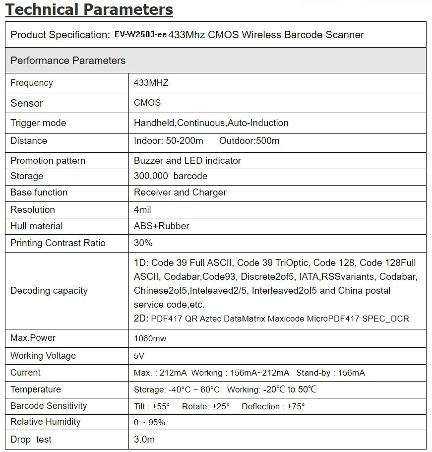 500m Long Transmission Distance Barcode Scanner Yellow Color Wireless QR Reader for Warehouse 433MHz Bar Code Reader with Stand