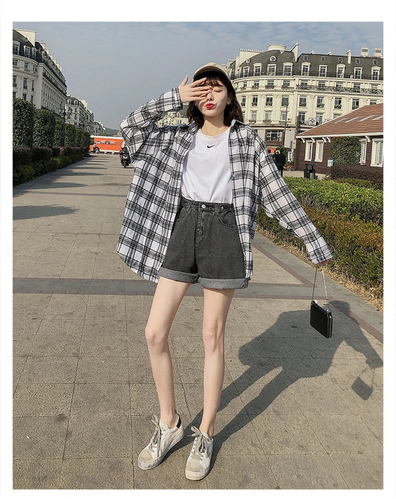 FTLZZ New Summer Women High Waist Button Wigh Leg Jeans Shorts Casual Female Loose Fit Blue Denim Shorts