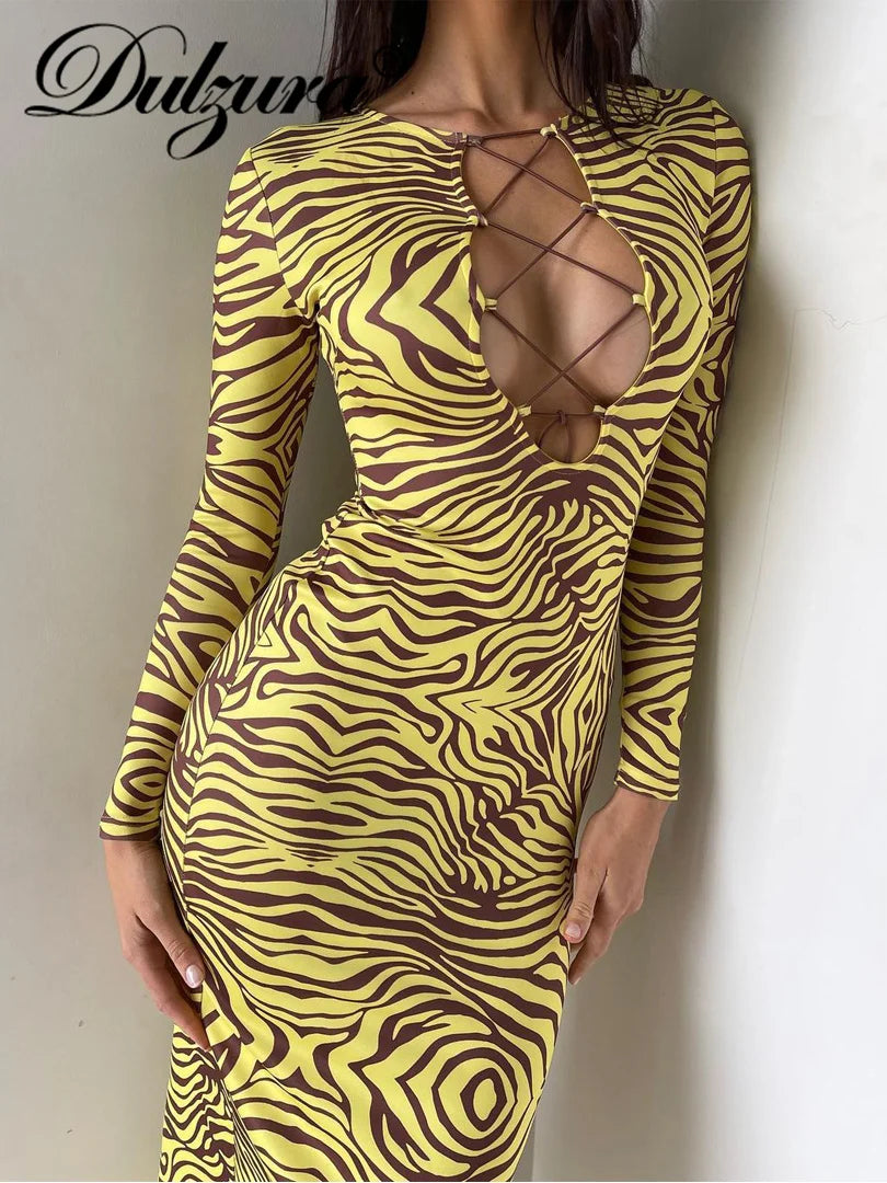 Dulzura Zebra Print Women Long Sleeve Lace Up Hollow Out Midi Dress Bodycon Sexy Streetwear Party Club Festival 2021 Clothes