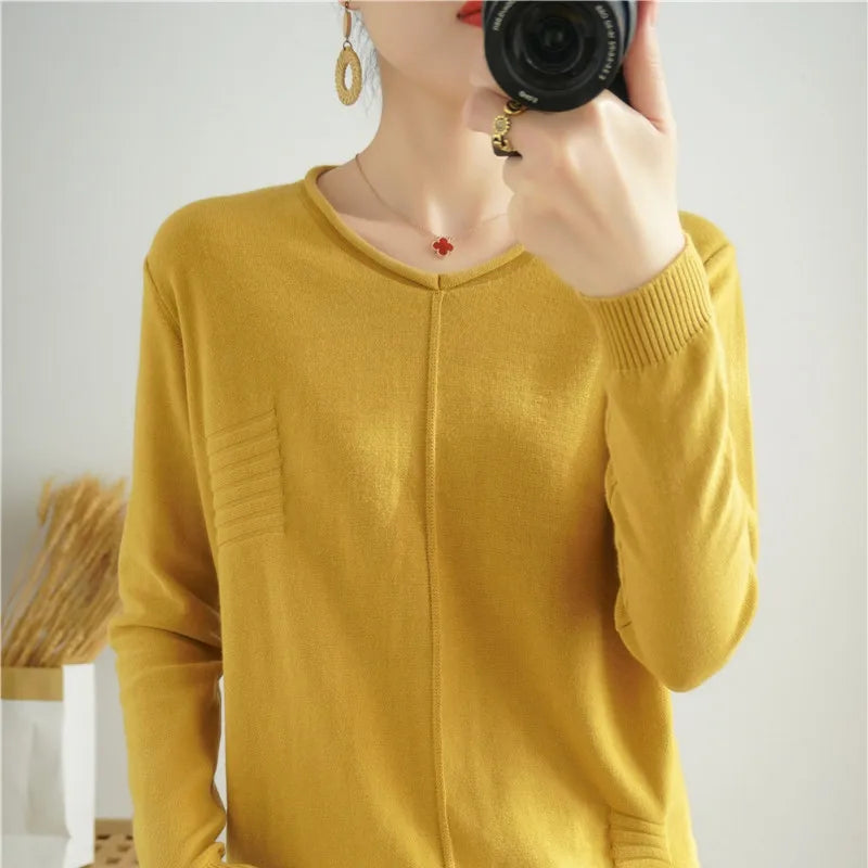 Autumn New Style 100% Pure Cotton Sweater Knitting Women's Bottoming Shirt Long-Sleeved Soft And Loose KoreanRound Neck Pullover
