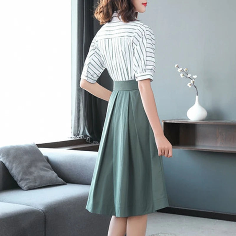 Striped Shirt Dress Women Elegant Office Ladies OL Midi Work Tunic Dress Korean Fashion Bow Sashes Bandage Big Swing Dresses New