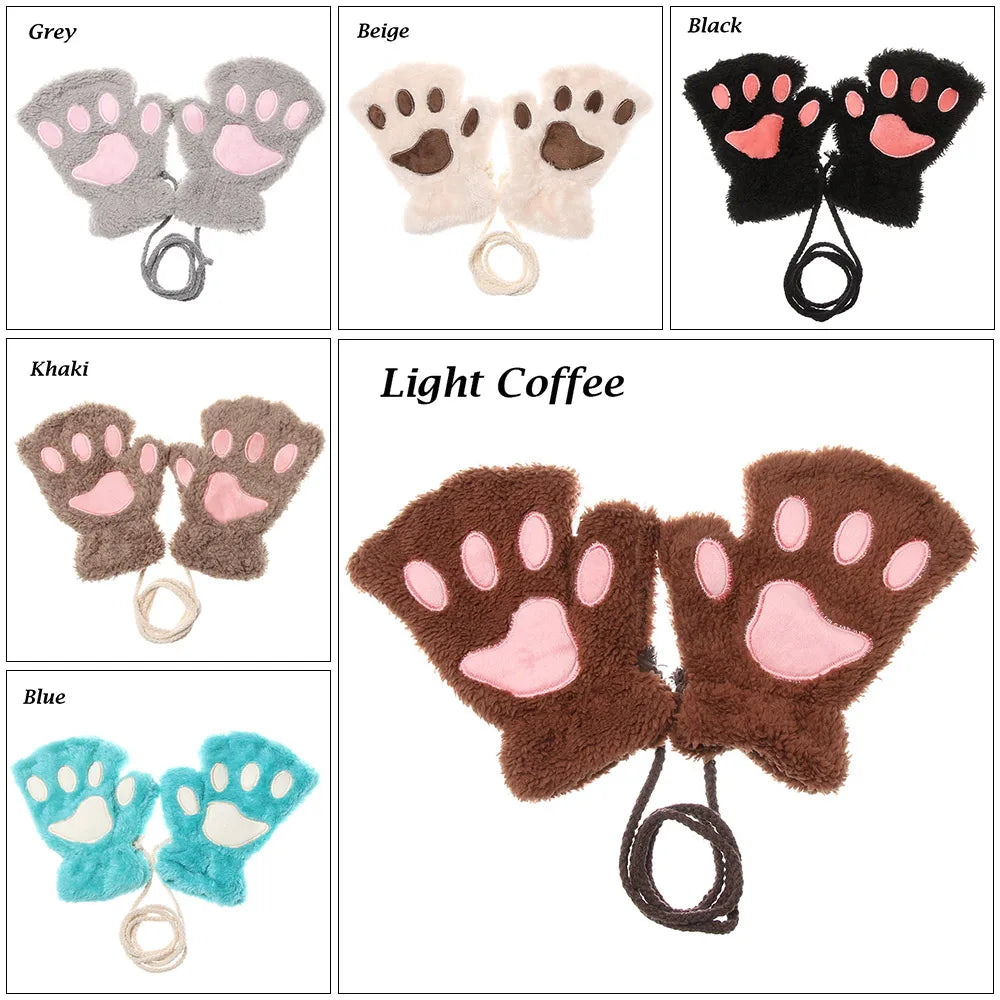 Cute Children Winter Gloves Warm Plush Fluffy Mittens Cat Paw Short Fingerless Gloves Girls Warm Half Finger Gloves
