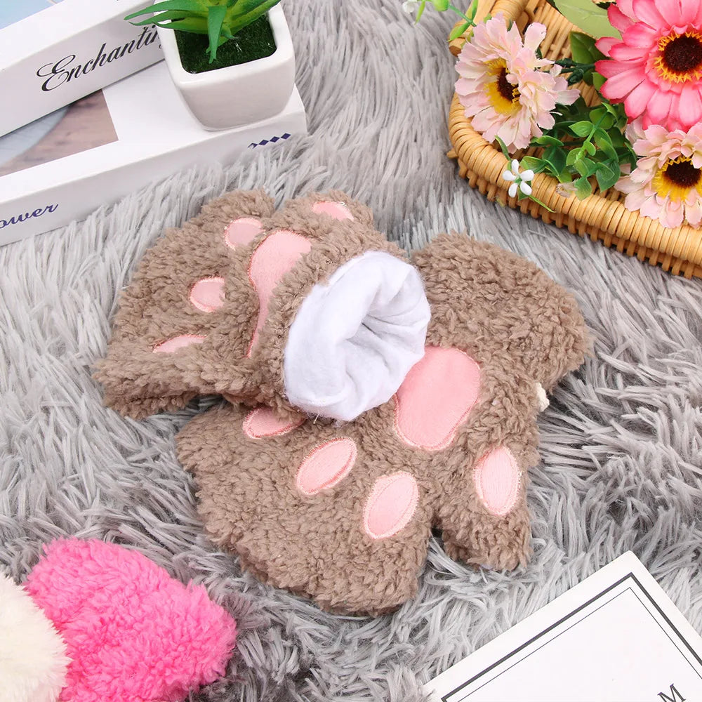 Cute Children Winter Gloves Warm Plush Fluffy Mittens Cat Paw Short Fingerless Gloves Girls Warm Half Finger Gloves