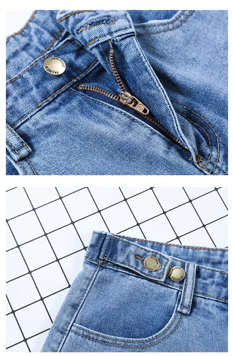 FTLZZ New Summer Women High Waist Button Wigh Leg Jeans Shorts Casual Female Loose Fit Blue Denim Shorts