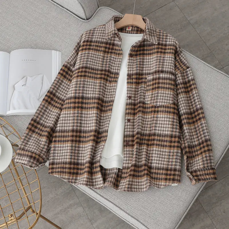 Blouse Women Shirt Retro Winter New Loose Woolen Coat Women's Long-Sleeved Plaid Shirt Blusas Ropa De Mujer