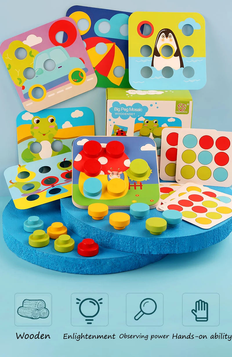 Mushroom Nail Art Puzzles Toy Kids Wooden Mosaic Pegboard Animal Color Matching Buttons Puzzles Game Montessori Educational Toys