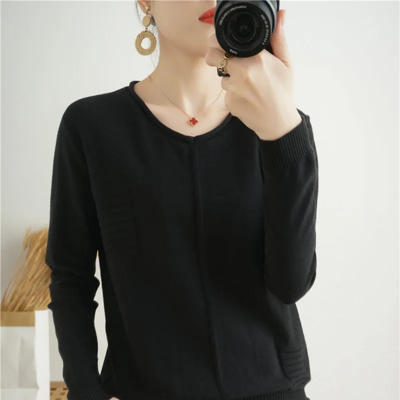 Autumn New Style 100% Pure Cotton Sweater Knitting Women's Bottoming Shirt Long-Sleeved Soft And Loose KoreanRound Neck Pullover