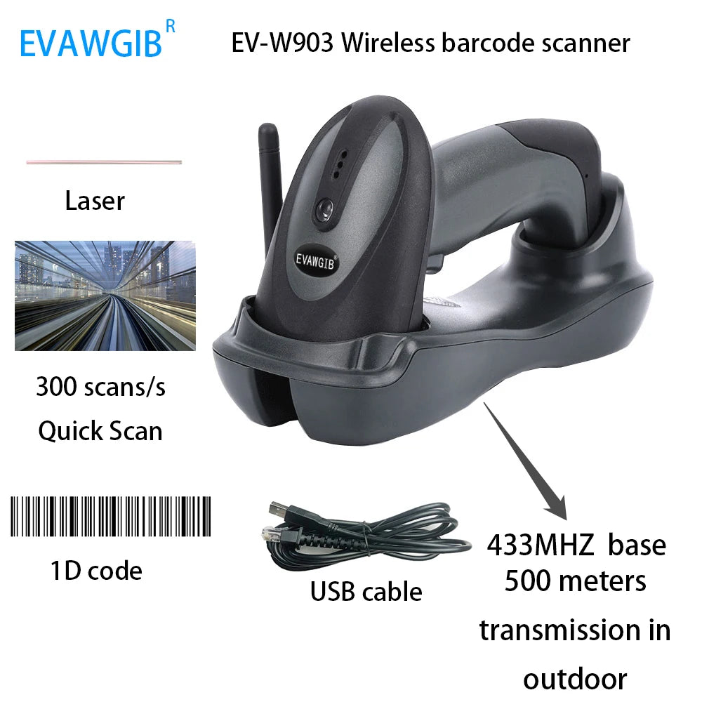 500m Long Transmission Distance Barcode Scanner Yellow Color Wireless QR Reader for Warehouse 433MHz Bar Code Reader with Stand