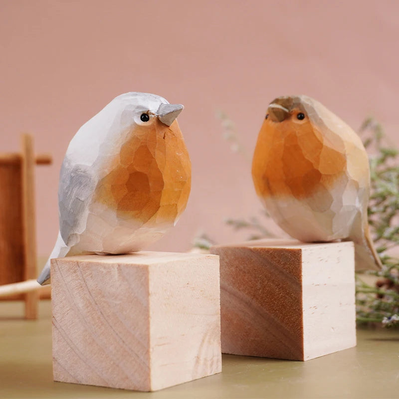 Cute Wooden Bird Figurine Ornaments Painted Hand Carved Wood Birds Statue Carving Animals Miniature Crafts Table Decorate Gifts