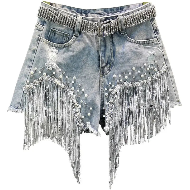 Summer Elegant Shorts Lady Tassel Beading High Waist Wide Leg Denim Shorts Female Casual Solid Shorts Jeans for Women Clothing