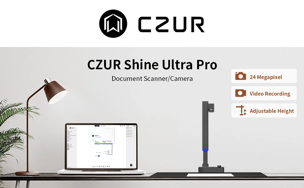 CZUR Shine Ultra Pro Book Scanner, 24MP Document Scanner, Portable USB Document Camera, Scan Max A3 Format w/ Adjustable Height