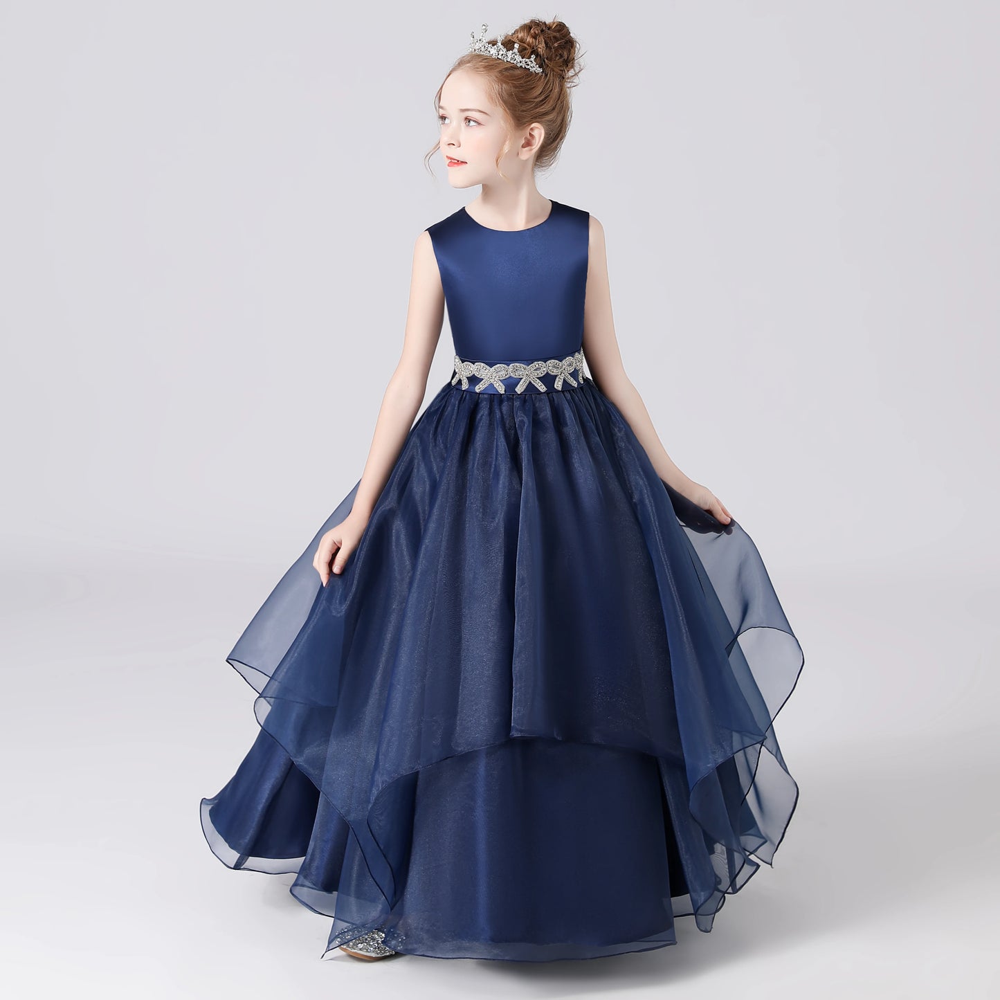 Dideyttawl Navy Blue Sashes Beaded Bow Tiered Flower Girls Dresses Organza Princess Formal Dresses Kids Birthday Party Gown