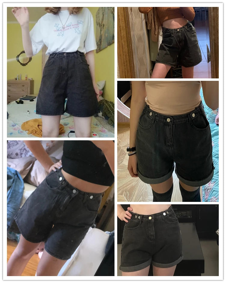 FTLZZ New Summer Women High Waist Button Wigh Leg Jeans Shorts Casual Female Loose Fit Blue Denim Shorts