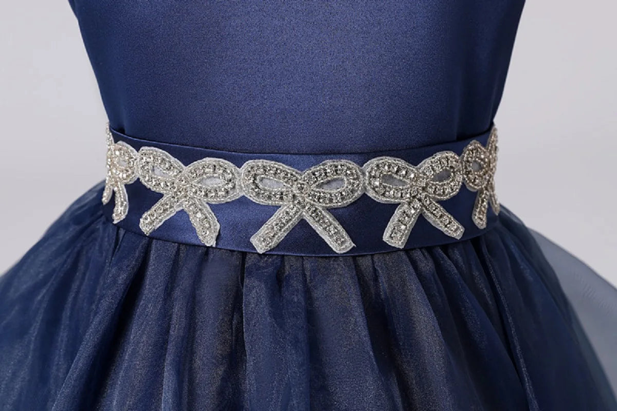 Dideyttawl Navy Blue Sashes Beaded Bow Tiered Flower Girls Dresses Organza Princess Formal Dresses Kids Birthday Party Gown