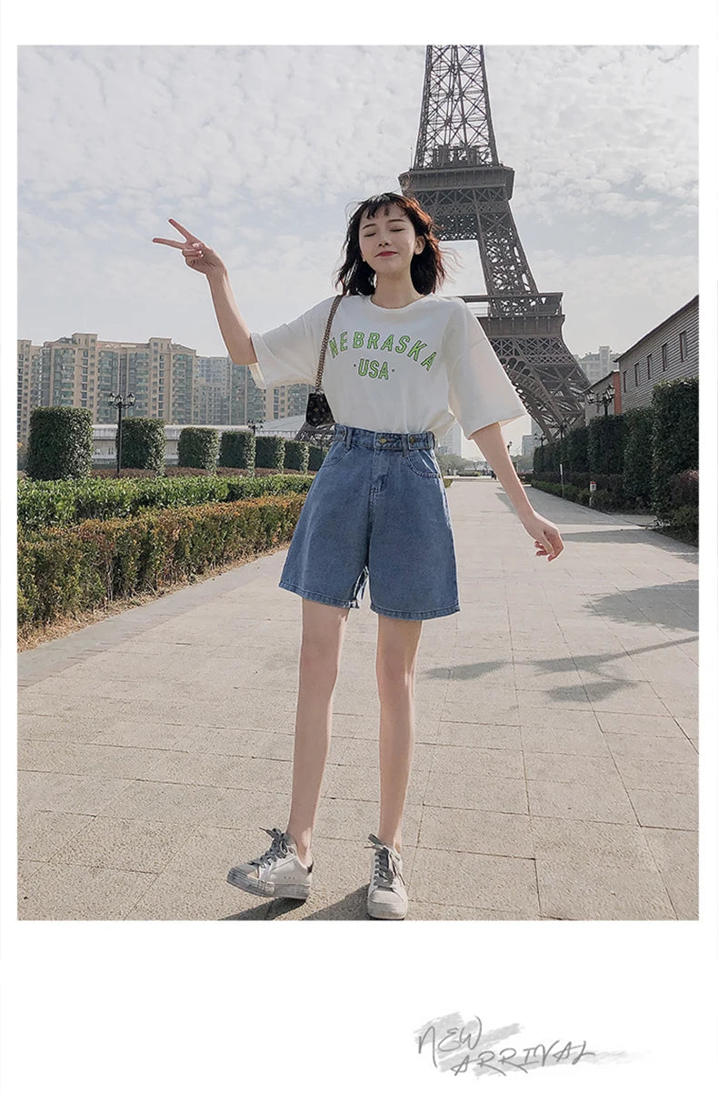 FTLZZ New Summer Women High Waist Button Wigh Leg Jeans Shorts Casual Female Loose Fit Blue Denim Shorts