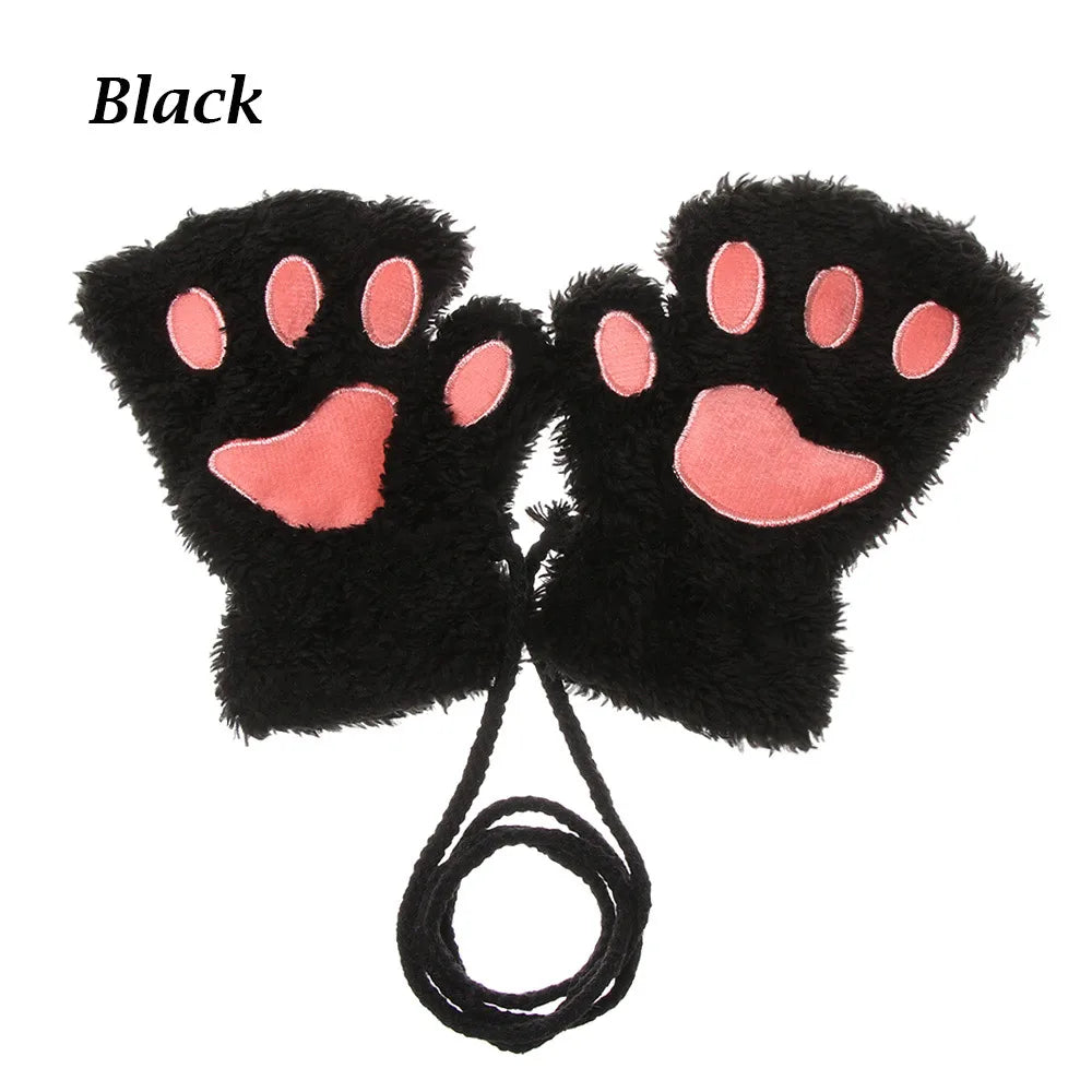 Cute Children Winter Gloves Warm Plush Fluffy Mittens Cat Paw Short Fingerless Gloves Girls Warm Half Finger Gloves
