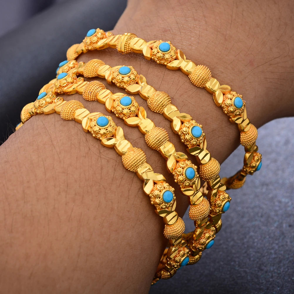 4pcs/Lot 24k Dubai Two Gold Color Bangles Bracelet For Women Girl African Eritrea Wedding Bridal Bangels Jewelry