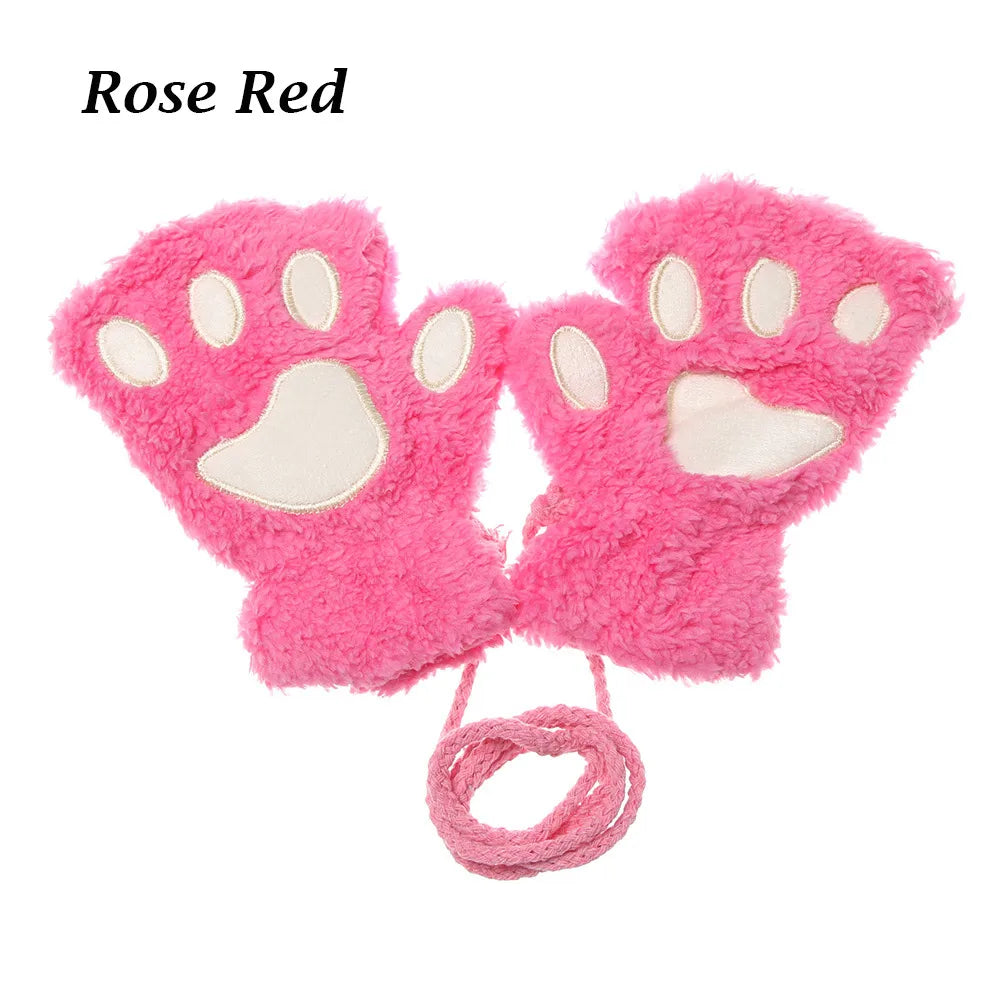 Cute Children Winter Gloves Warm Plush Fluffy Mittens Cat Paw Short Fingerless Gloves Girls Warm Half Finger Gloves