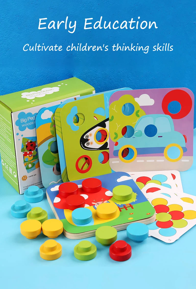 Mushroom Nail Art Puzzles Toy Kids Wooden Mosaic Pegboard Animal Color Matching Buttons Puzzles Game Montessori Educational Toys