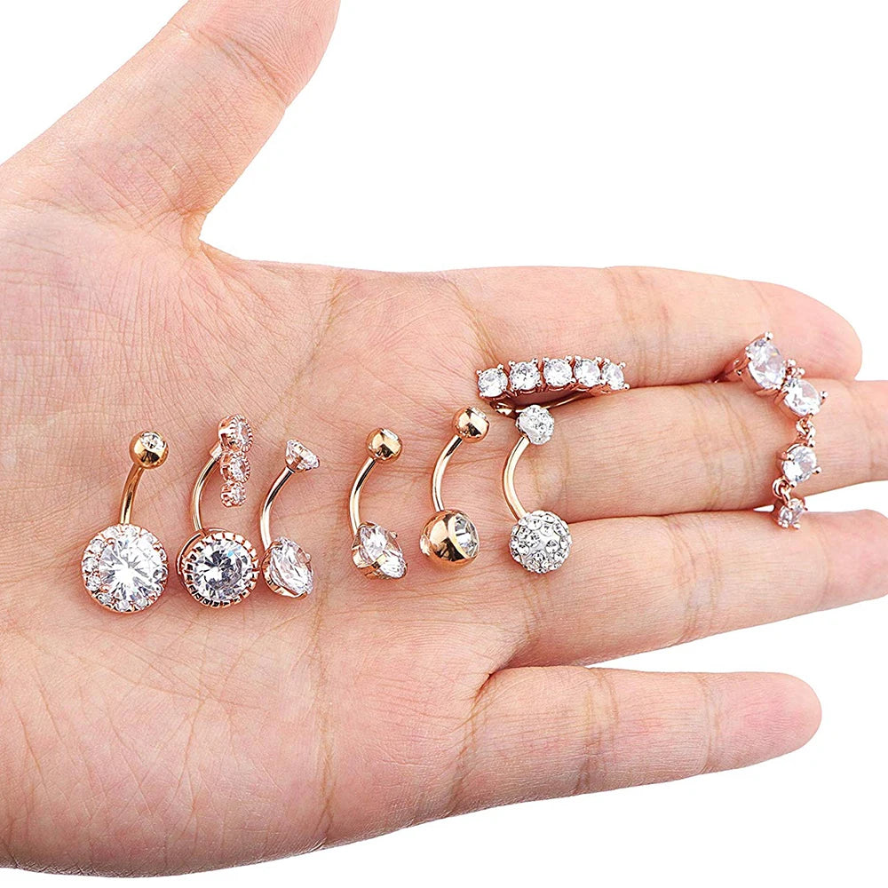 10 Styles Sexy Dangling Navel Belly Button Ring Oreja 14G Double Round Cubic Zirconia 316L Surgical Steel Belly Piercing Jewelry