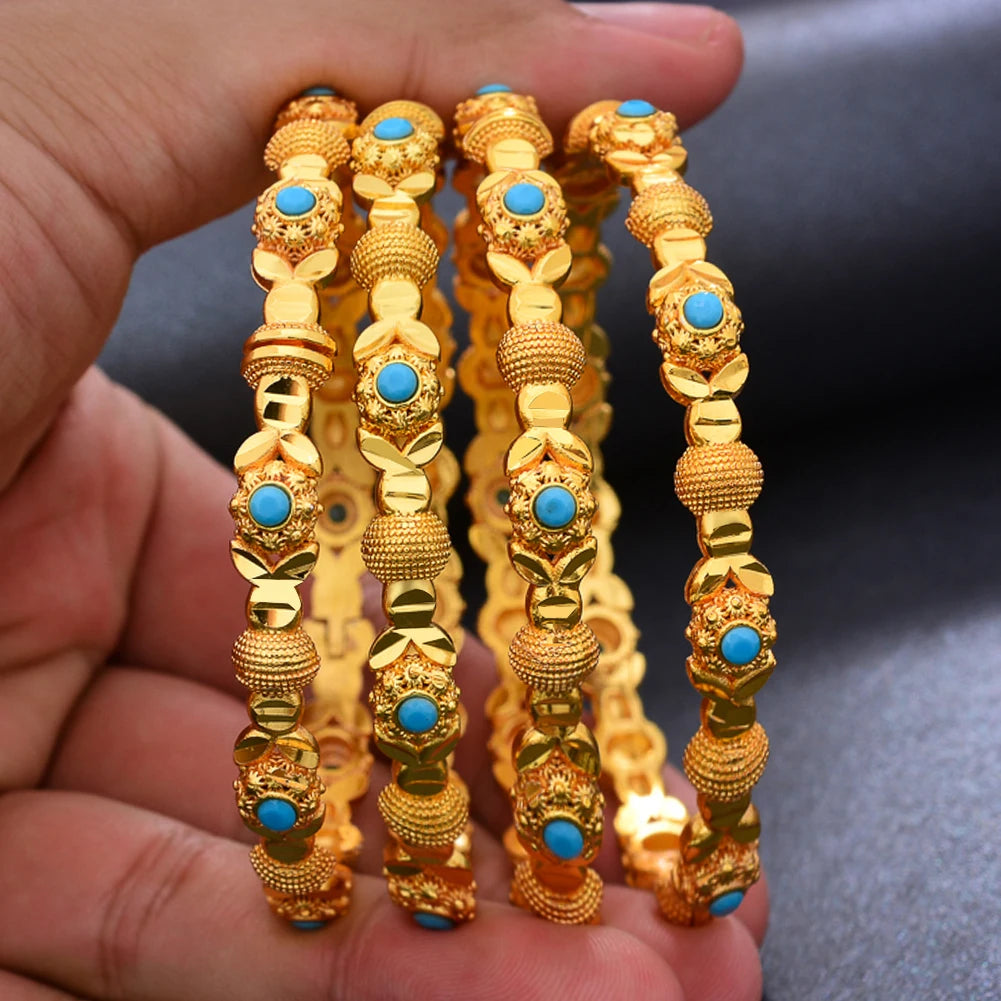 4pcs/Lot 24k Dubai Two Gold Color Bangles Bracelet For Women Girl African Eritrea Wedding Bridal Bangels Jewelry