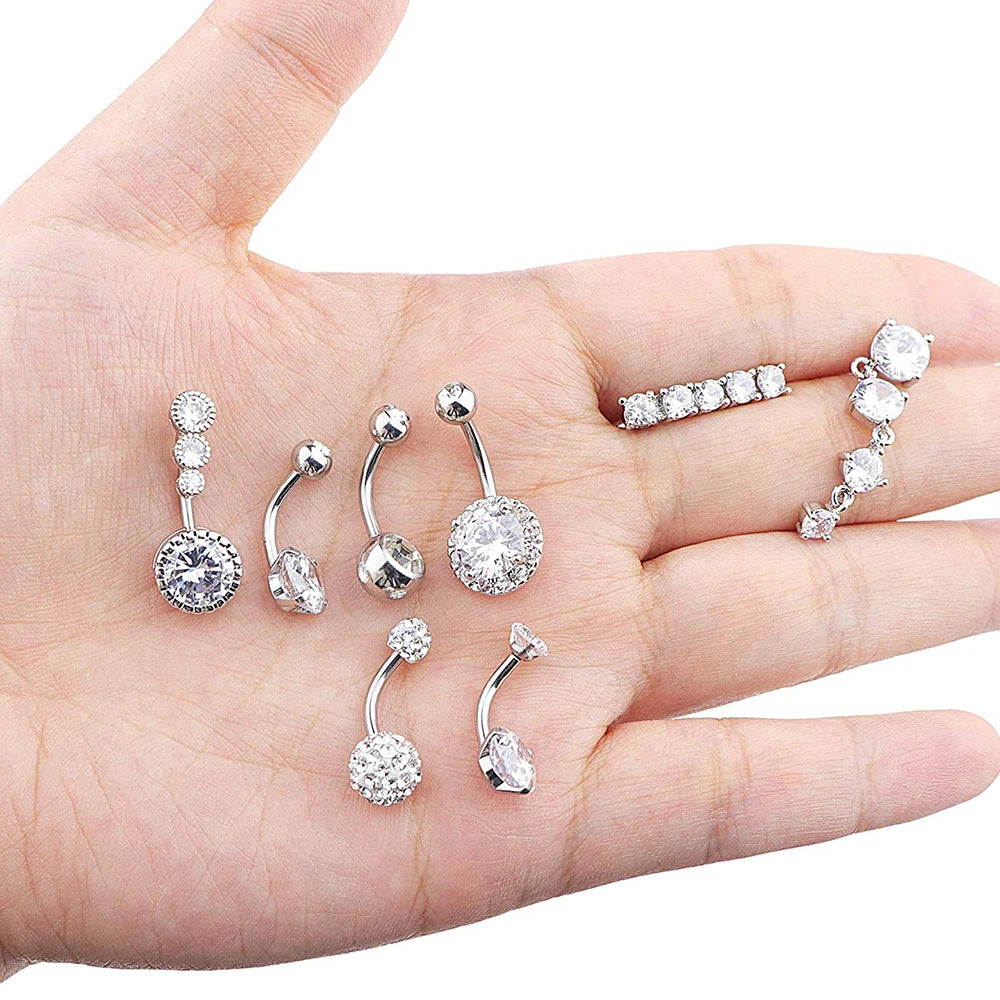 10 Styles Sexy Dangling Navel Belly Button Ring Oreja 14G Double Round Cubic Zirconia 316L Surgical Steel Belly Piercing Jewelry
