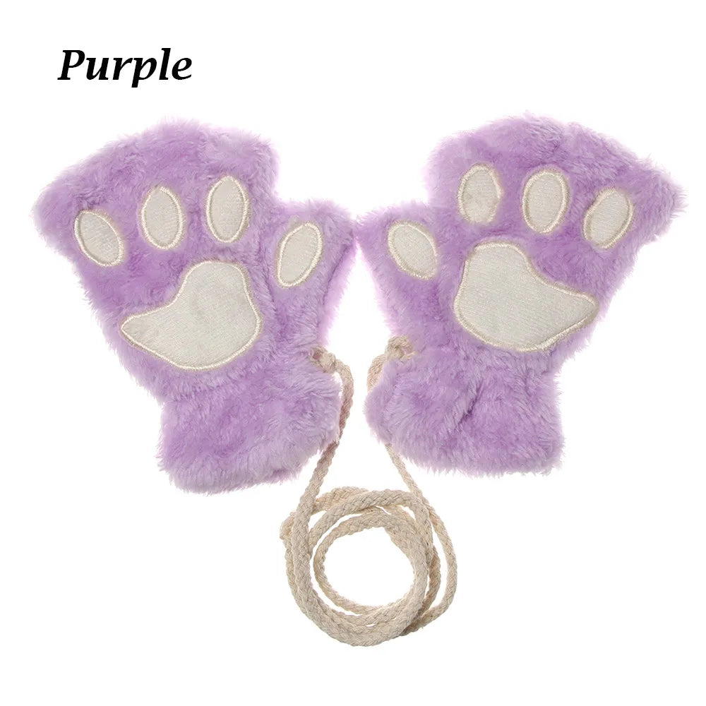 Cute Children Winter Gloves Warm Plush Fluffy Mittens Cat Paw Short Fingerless Gloves Girls Warm Half Finger Gloves