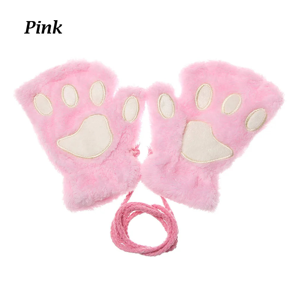 Cute Children Winter Gloves Warm Plush Fluffy Mittens Cat Paw Short Fingerless Gloves Girls Warm Half Finger Gloves