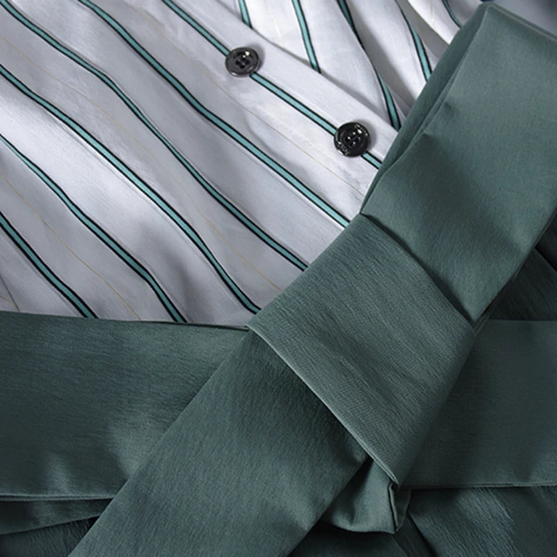 Striped Shirt Dress Women Elegant Office Ladies OL Midi Work Tunic Dress Korean Fashion Bow Sashes Bandage Big Swing Dresses New