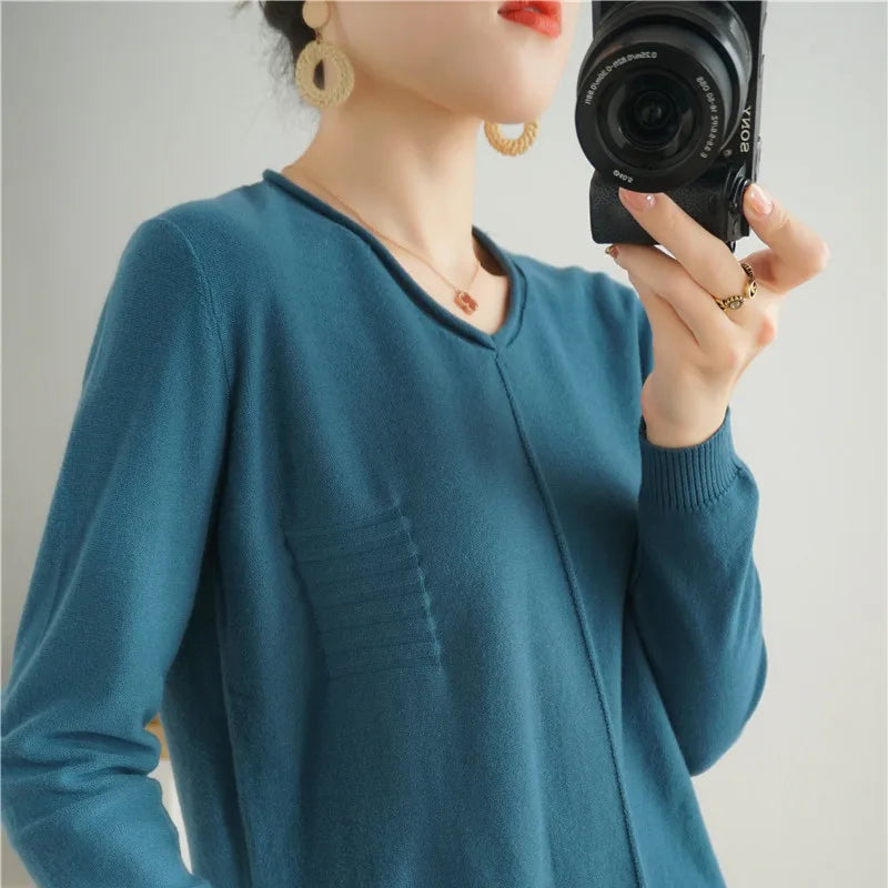 Autumn New Style 100% Pure Cotton Sweater Knitting Women's Bottoming Shirt Long-Sleeved Soft And Loose KoreanRound Neck Pullover