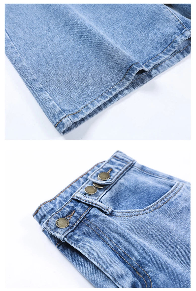 FTLZZ New Summer Women High Waist Button Wigh Leg Jeans Shorts Casual Female Loose Fit Blue Denim Shorts