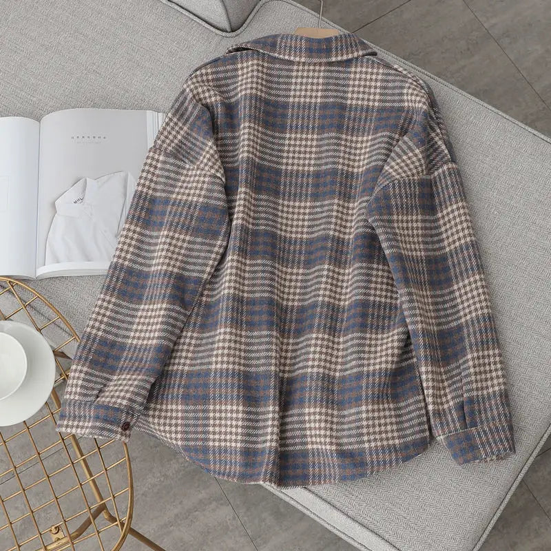 Blouse Women Shirt Retro Winter New Loose Woolen Coat Women's Long-Sleeved Plaid Shirt Blusas Ropa De Mujer