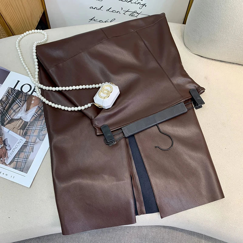 Vintage Faux PU Leather Hobble Skirts Women Sexy Bodycon Midi Skirts Hem Split Ladies Mermaid Skirt Party Clothes New Custom