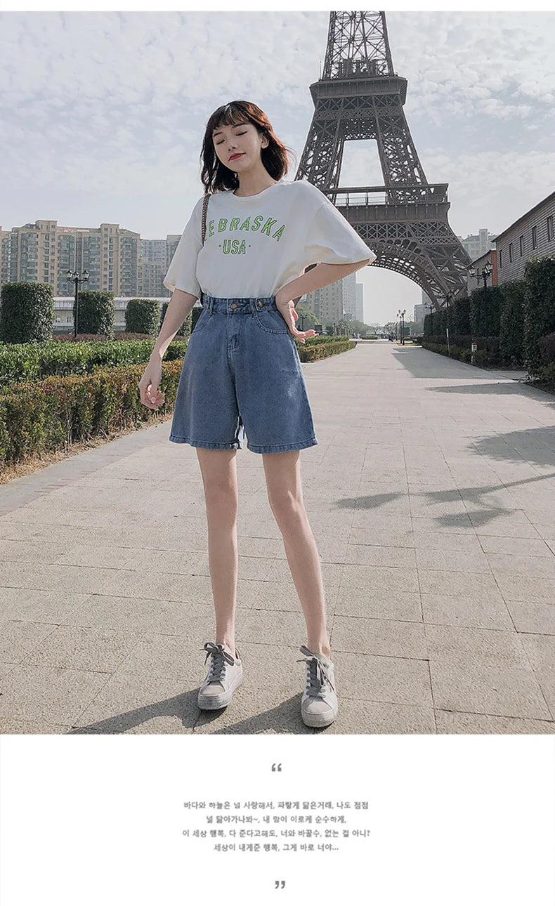 FTLZZ New Summer Women High Waist Button Wigh Leg Jeans Shorts Casual Female Loose Fit Blue Denim Shorts