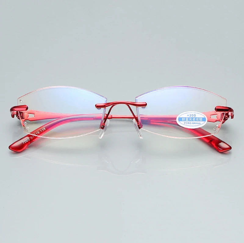 Fashion Women Red Pink  Rimless Oval Reading Glassses Trimming Lens Anti-blue Magnifier Diamond-set Eyewear For Computer