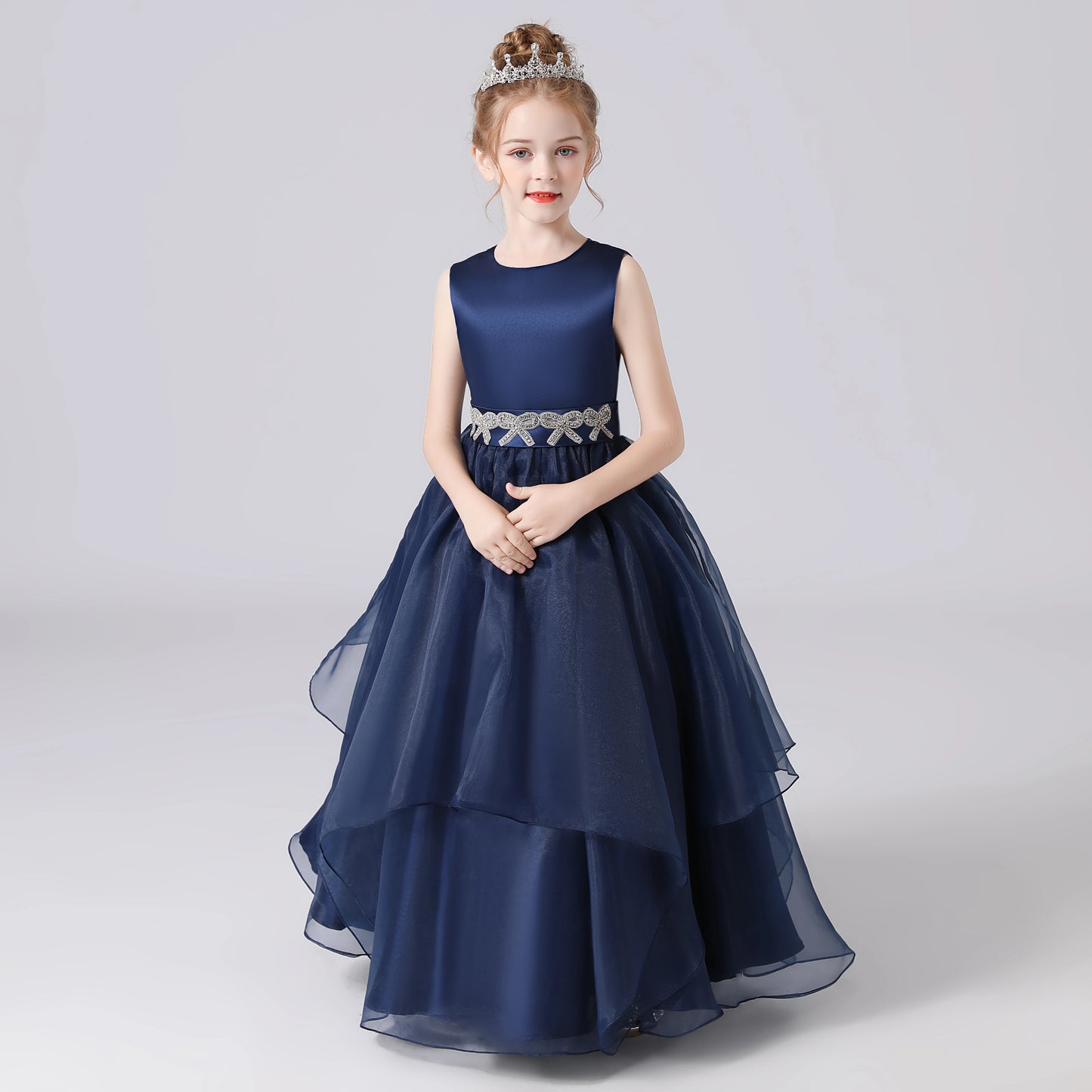 Dideyttawl Navy Blue Sashes Beaded Bow Tiered Flower Girls Dresses Organza Princess Formal Dresses Kids Birthday Party Gown