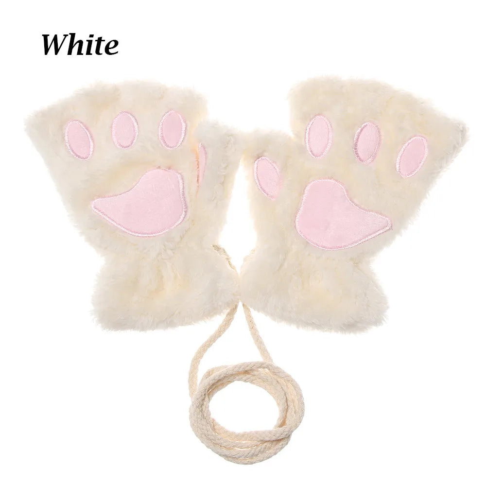 Cute Children Winter Gloves Warm Plush Fluffy Mittens Cat Paw Short Fingerless Gloves Girls Warm Half Finger Gloves