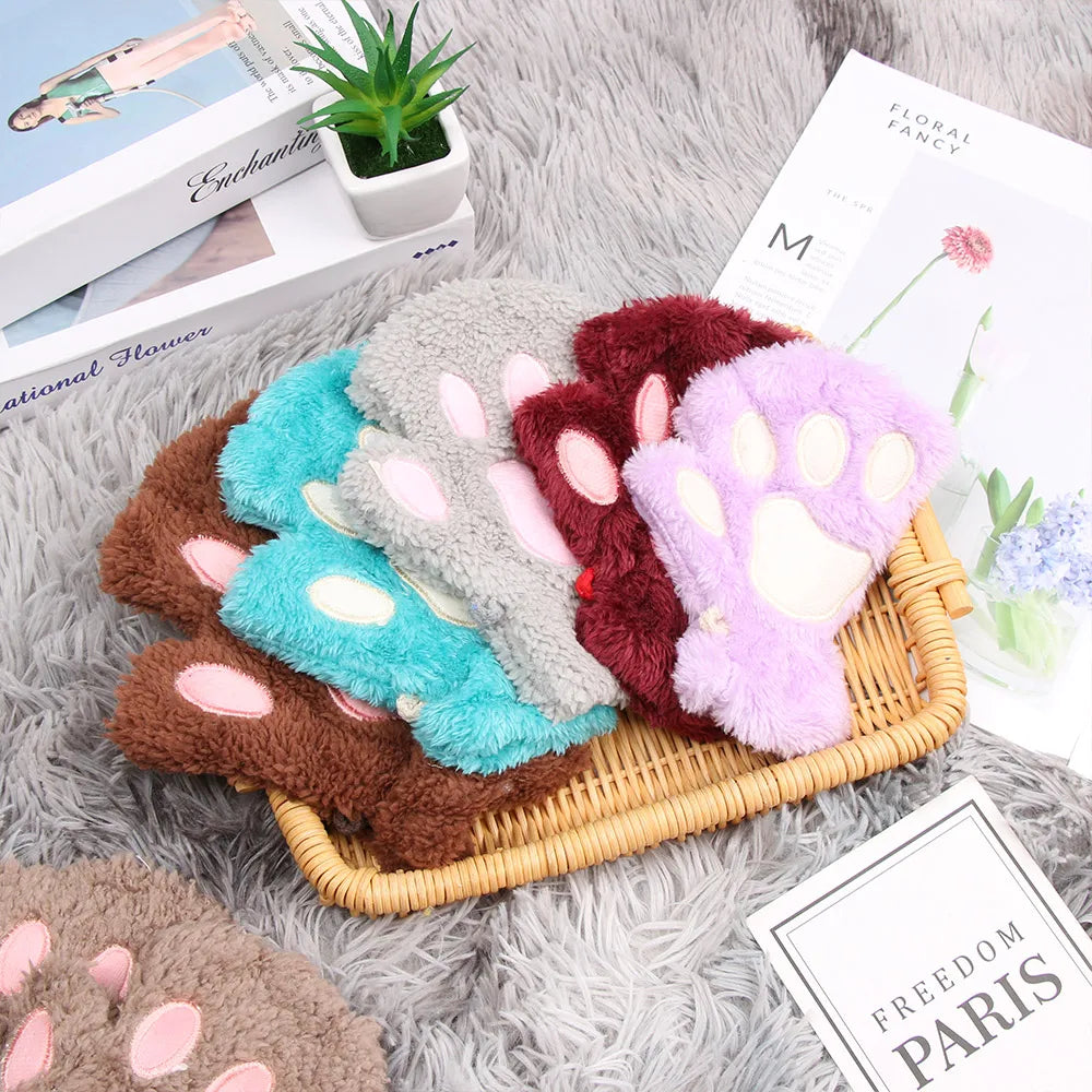 Cute Children Winter Gloves Warm Plush Fluffy Mittens Cat Paw Short Fingerless Gloves Girls Warm Half Finger Gloves