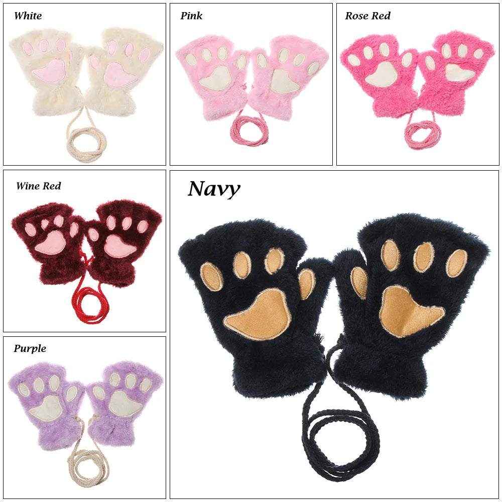 Cute Children Winter Gloves Warm Plush Fluffy Mittens Cat Paw Short Fingerless Gloves Girls Warm Half Finger Gloves