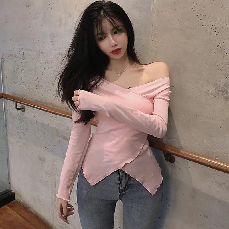 Autumn Women Sexy Slim V neck T-shirt Long Sleeve Solid Color Off Shoulder Korean Sweet Tee Tops Basic Tshirt