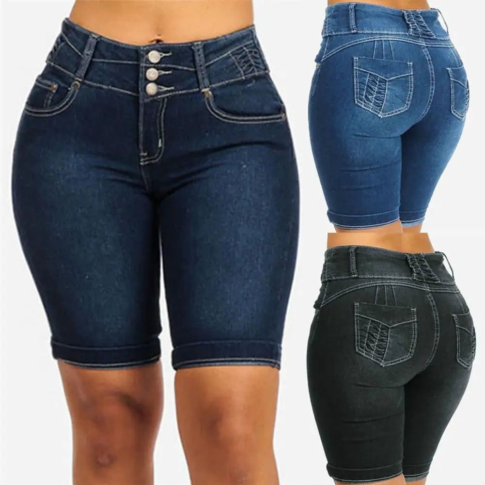 New Sexy Fashion Women Ladies Denim Skinny Shorts High Waist Stretch Bodycon Jeans Slim Shorts Knee Length Stretch Short Jeans
