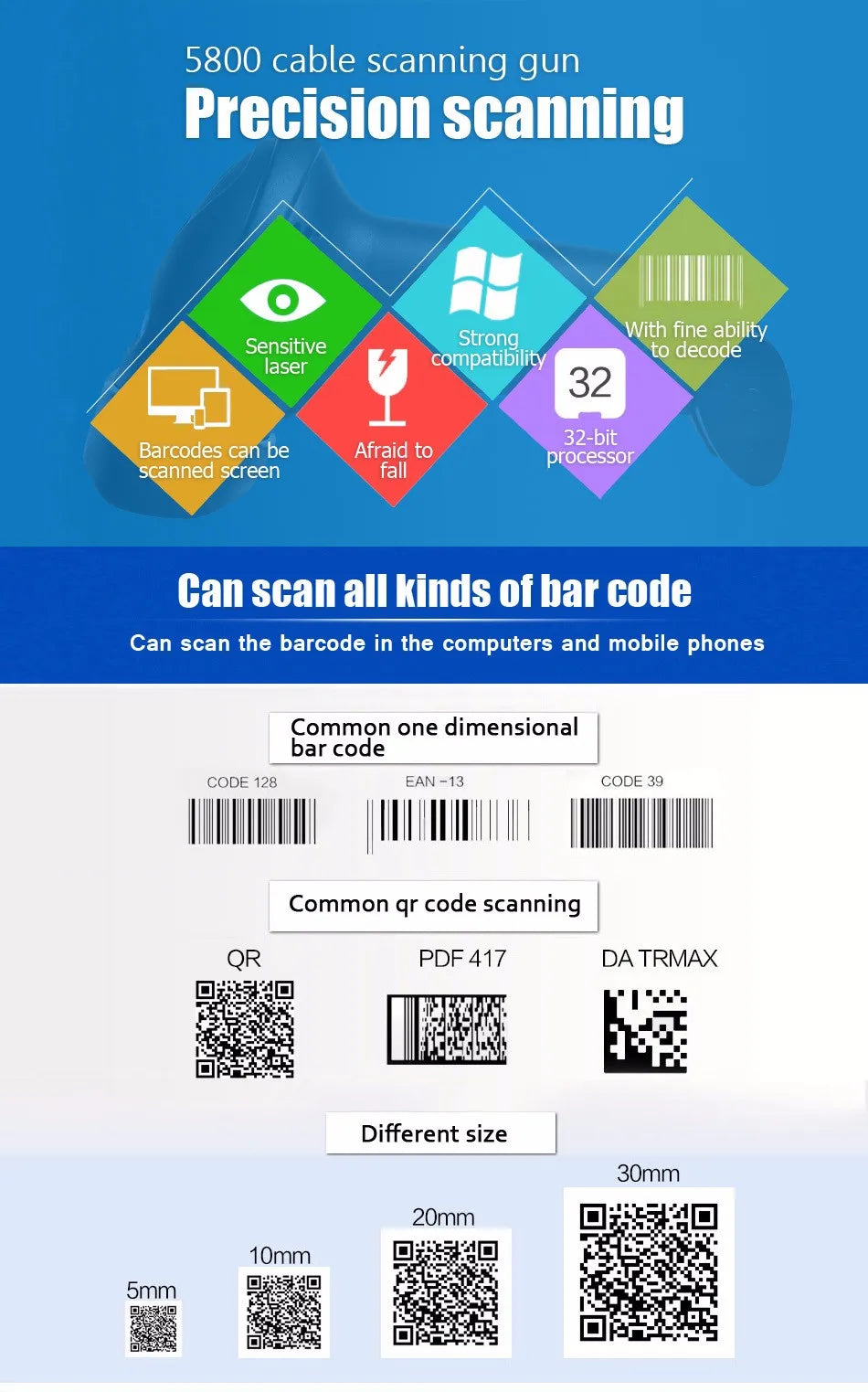 Barcode Scanner 1680SW Wireless/1922 Bluetooth Reader Image QR PDF417 Data Matrix Code Bar Gun RS232 Bluetooth