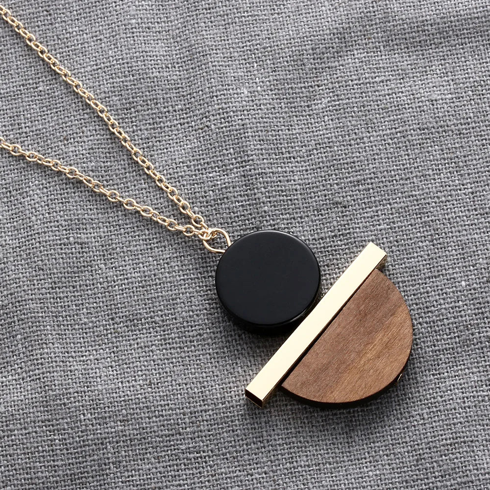 Geometric Circular Resin Wood Vintage Pendant Gold Alloy Chain Long Necklace Unisex Fashion Jewelry Pendant Necklace Free Ship