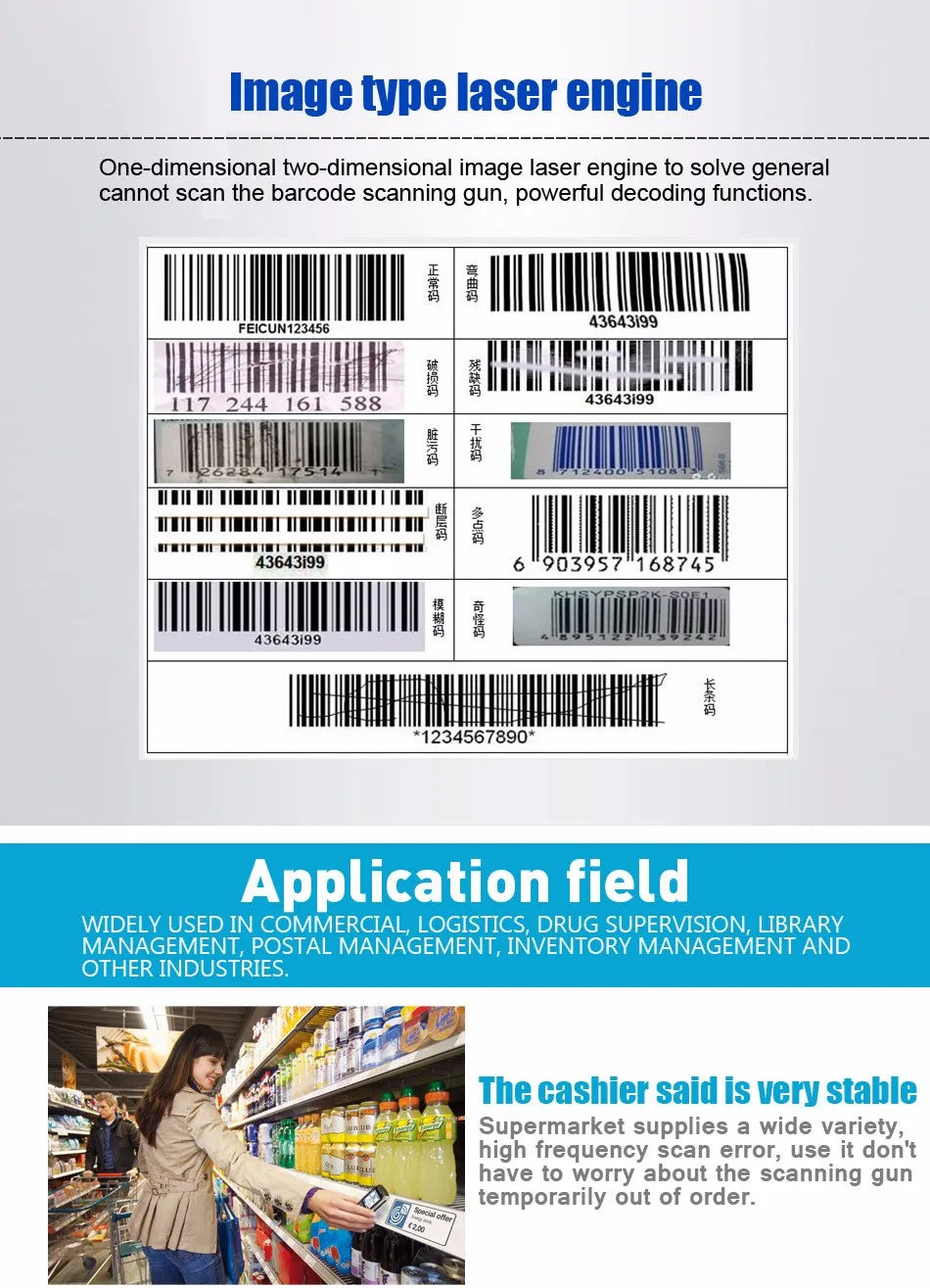 Barcode Scanner 1680SW Wireless/1922 Bluetooth Reader Image QR PDF417 Data Matrix Code Bar Gun RS232 Bluetooth