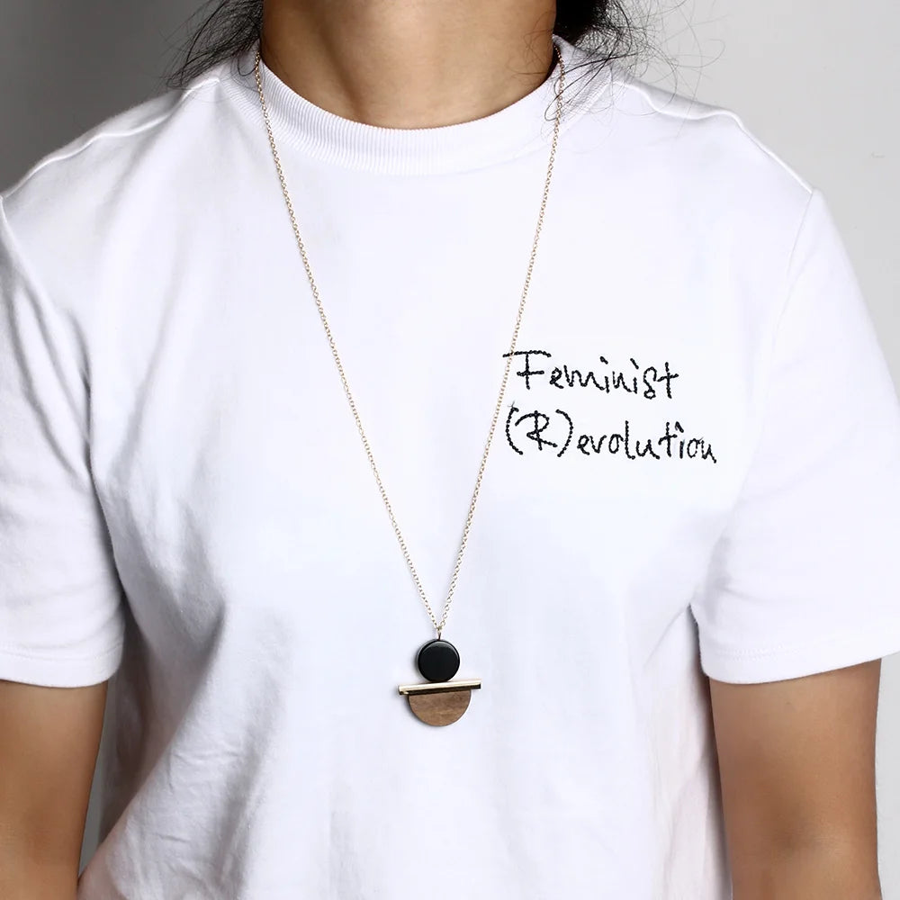 Geometric Circular Resin Wood Vintage Pendant Gold Alloy Chain Long Necklace Unisex Fashion Jewelry Pendant Necklace Free Ship