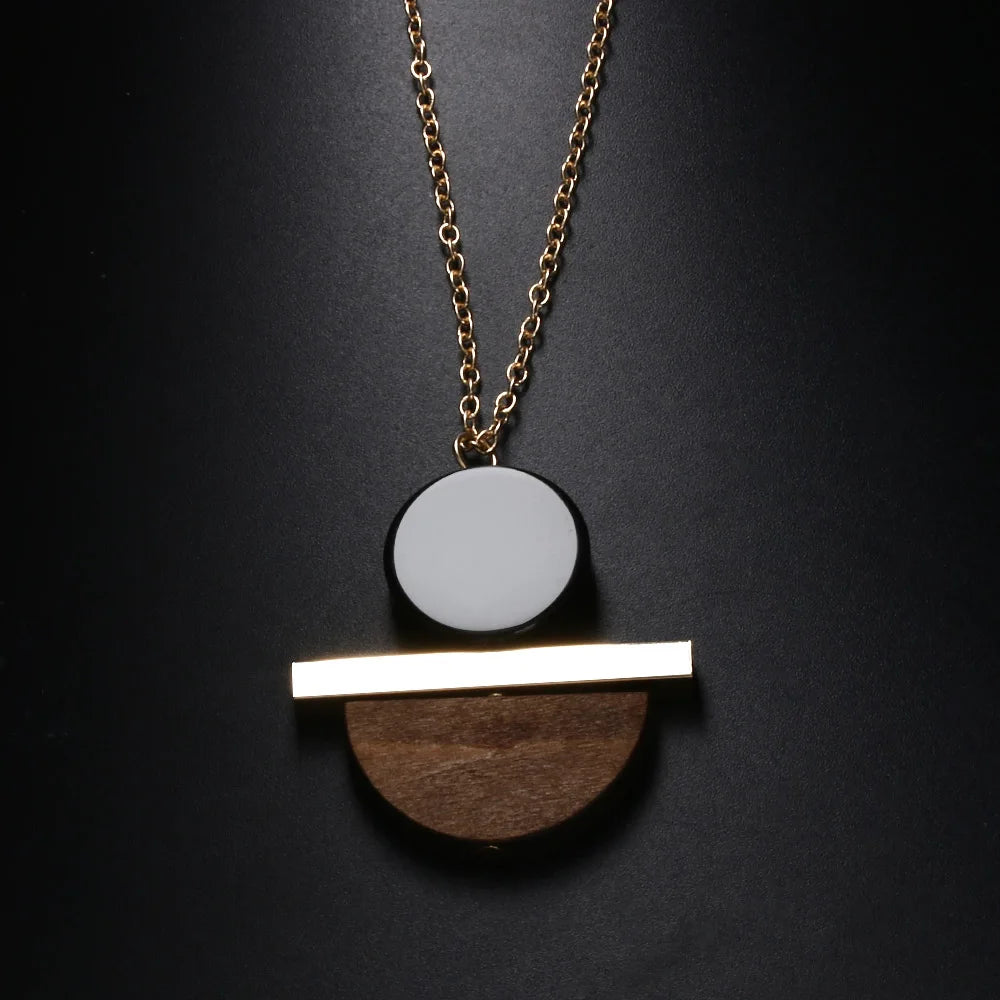 Geometric Circular Resin Wood Vintage Pendant Gold Alloy Chain Long Necklace Unisex Fashion Jewelry Pendant Necklace Free Ship
