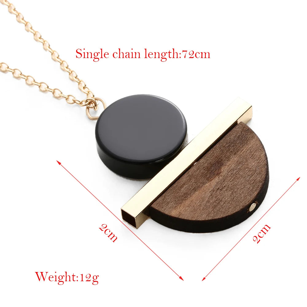 Geometric Circular Resin Wood Vintage Pendant Gold Alloy Chain Long Necklace Unisex Fashion Jewelry Pendant Necklace Free Ship